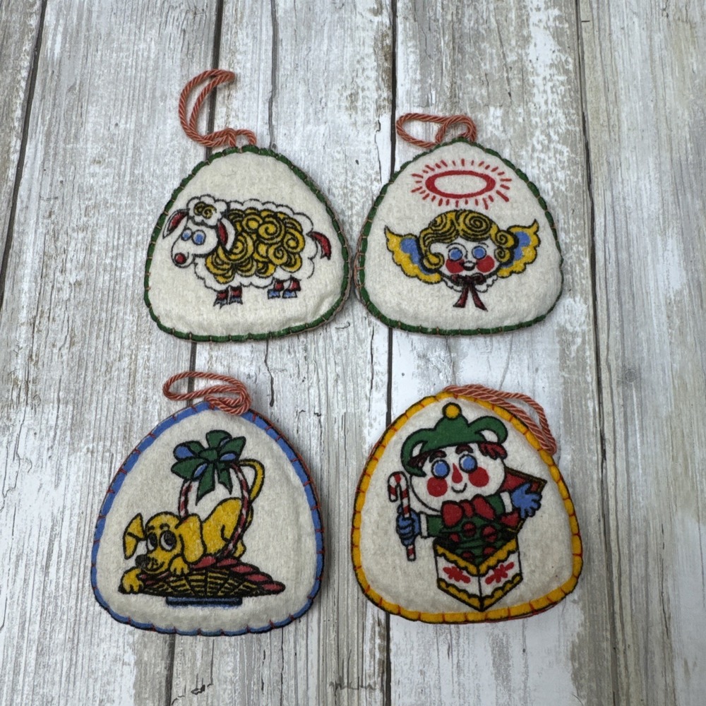 Vintage Retro Hand Made Stitched Christmas Felt Ornaments Double sided lot of 4